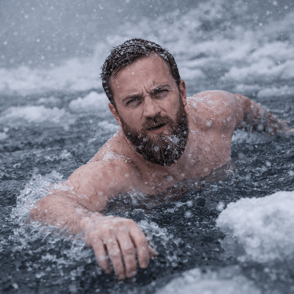 Mann som trener i iskaldt vann